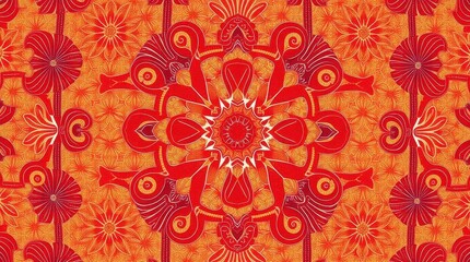 A vibrant, intricate pattern featuring bold red floral designs on a warm orange background, creating a striking visual effect.