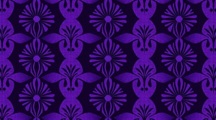 A rich purple fabric pattern featuring floral and ornate designs in a symmetrical arrangement.