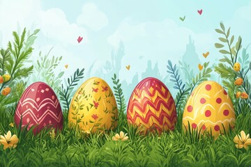 Colorful Easter eggs arranged in a vibrant garden setting with blooming flowers and soft greenery
