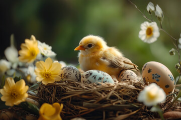 Cute Chick Among Easter Eggs and Blossoms