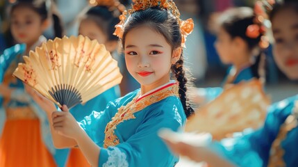Young Girl in Traditional Chinese Dress Holding a Fan