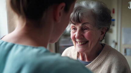 Elderly woman receiving compassionate care, warmly interacting with supportive nurse in cozy senior living setting