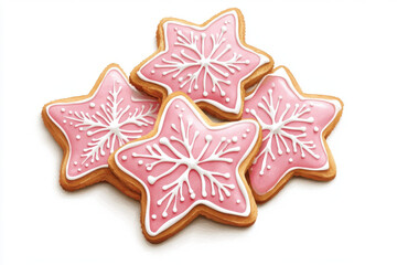 Delightful pink star shaped cookies with intricate white icing designs, perfect for festive occasions