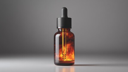 Fototapeta premium Amber glass bottle with dropper containing fiery liquid against gray background.