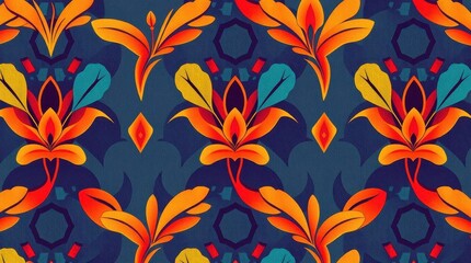 A vibrant floral pattern featuring bold orange and teal elements against a dark blue background, creating a striking visual effect.