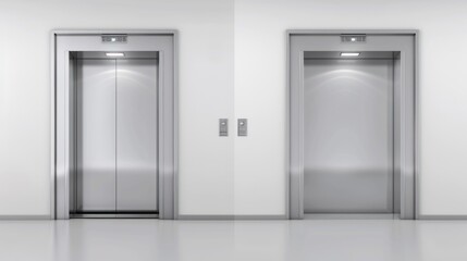 Naklejka premium Two modern stainless steel elevators in a white hallway.