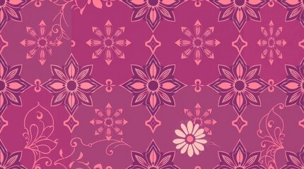 A vibrant floral pattern in shades of pink and purple, featuring stylized flowers and geometric shapes.