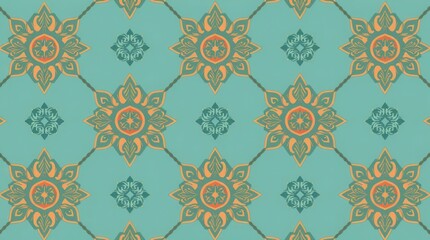 A vibrant, symmetrical pattern featuring floral designs in orange and gold on a turquoise background.