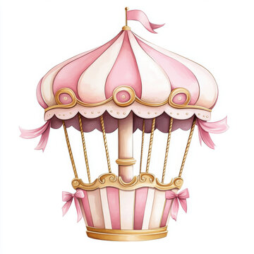 whimsical pastel pink carousel with ornate gold details, perfect for enchanting decor