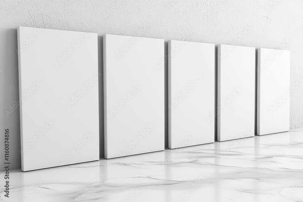 Poster Blank canvases arranged in a row on a marble floor in a bright, modern studio setting