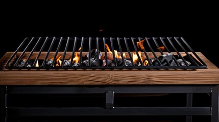 Naklejka premium Charcoal grill with burning coals and flames on a wooden frame.