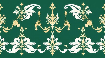 Elegant green wallpaper featuring intricate white and gold floral patterns, perfect for adding a touch of sophistication to any interior space.