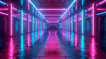 Futuristic metaverse room, empty, neon lights, 3D background, perfect for product display.