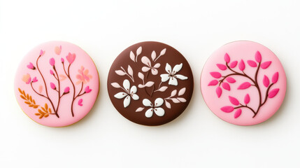 Fototapeta premium Delicate pink cookies adorned with intricate floral designs evoke sense of sweetness and artistry