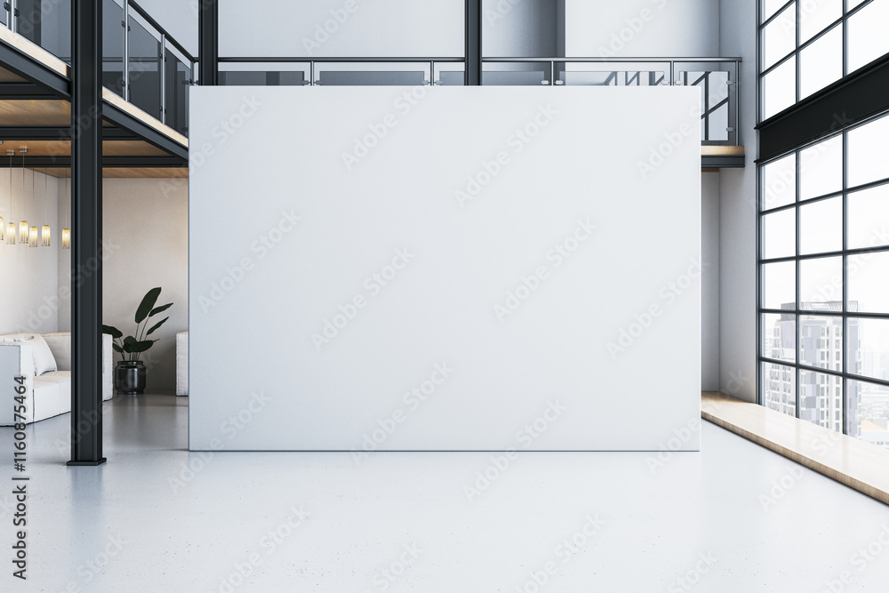 Poster modern white interior space with blank wall for mockup in spacious loft with large windows and minim