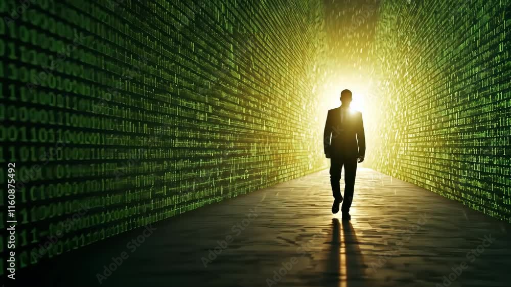 Poster mysterious businessman standing in bright light surrounded by code matrix background