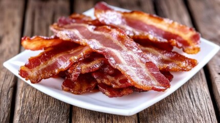 Crispy Cooked Bacon Strips on White Plate with Wooden Background