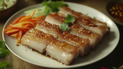 Deliciously Glazed Pork Belly with Fresh Vegetables and Herbs