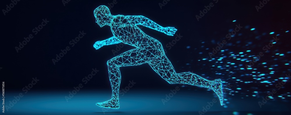 Poster futuristic running figure in neon wireframe style with motion effect