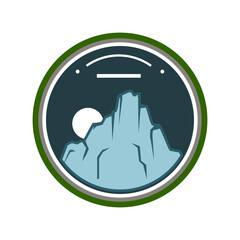 landscape retro mountains badge cartoon. travel explore, scenic crest, logo patch landscape retro mountains badge sign. isolated symbol vector illustration