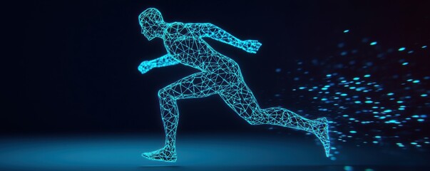 Fototapeta premium Futuristic Running Figure in Neon Wireframe Style with Motion Effect
