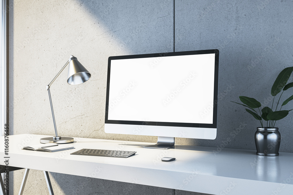 Poster modern desk with computer monitor, lamp, and plant on clean white table in office interior with conc