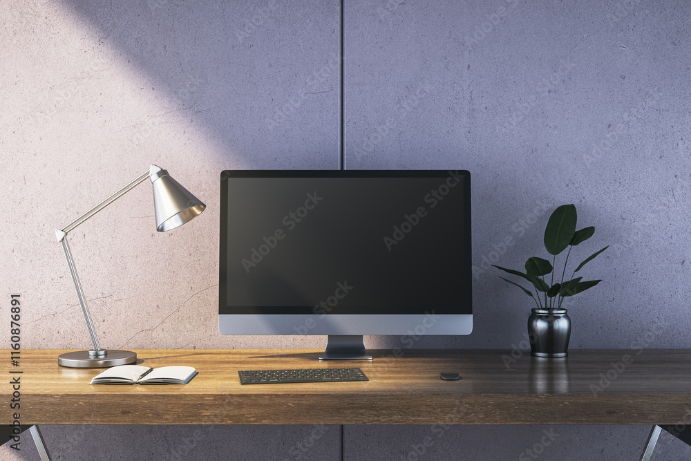Poster modern workspace with desktop computer and wooden desk, lit by sunlight through a sleek lamp, plant 