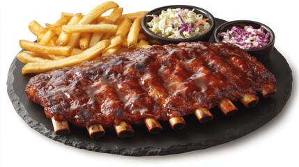 Obraz premium Succulent Barbecue Ribs Served with Fries and Coleslaw on Slate