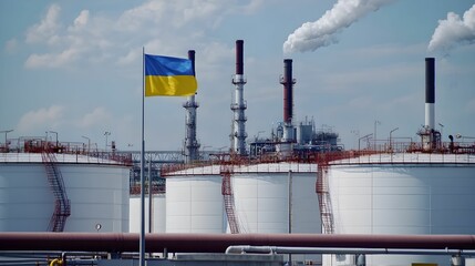 Obraz premium Industrial landscape in Ukraine featuring smokestacks and storage tanks