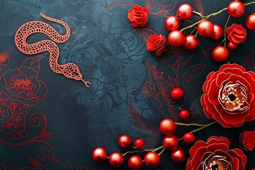 Elegant Red Snake Illustration with Floral Decorations on Dark Background