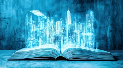 Fototapeta premium Open book reveals holographic cityscape in a futuristic setting