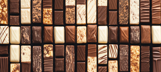 top view flatlay of milk, black, and white chocolate candy bars arranged in seamless pattern, chocolate background, cocoa themed design, chocolate mix set, sweet dessert treats
