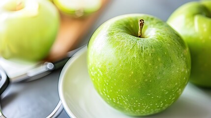 Fresh green apple on white plate with stethoscope, representing health advice and wellness concepts, healthy lifestyle and medical care ideas.
