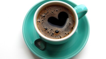 Fototapeta premium Teal cup of coffee with heart-shaped foam. (1)