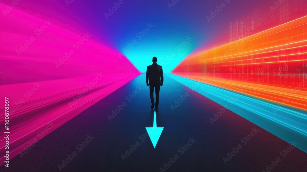 Poster man walking towards vibrant light with futuristic digital background