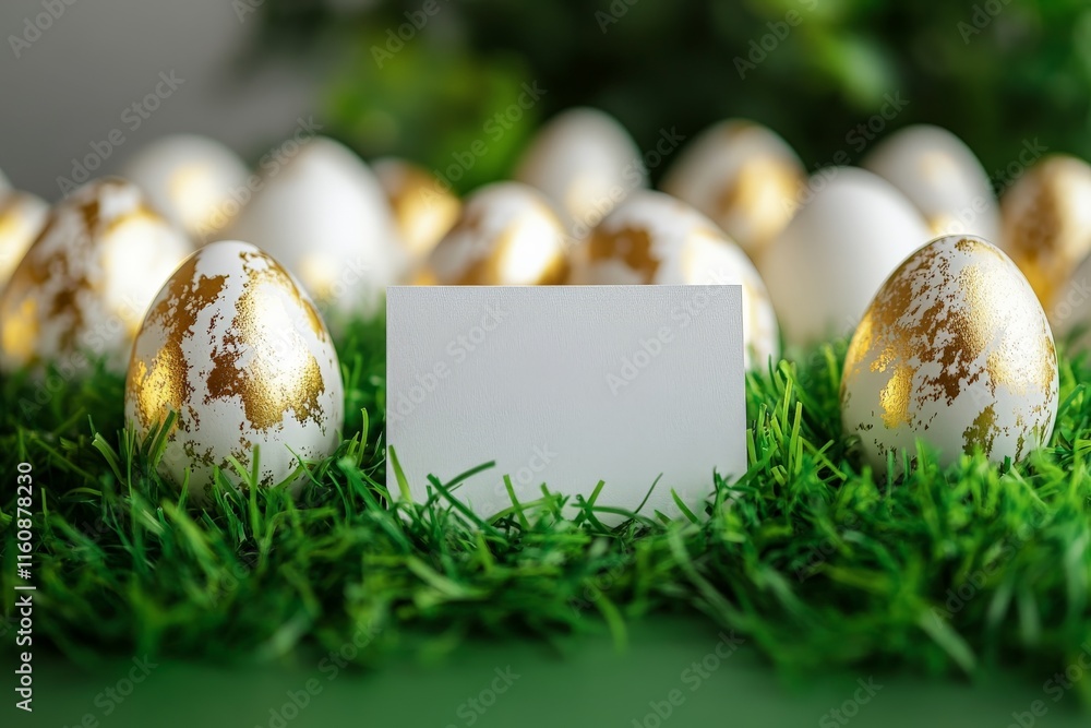 Aufkleber decorative golden eggs arranged on green grass with a blank card for customization during spring cel
