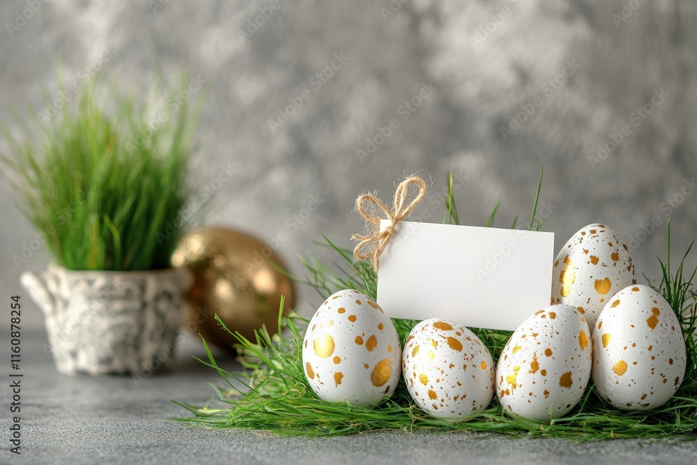 Aufkleber decorative easter eggs arranged with grass and empty tag in a festive setting for spring celebration