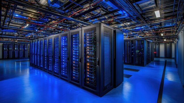Data center operations modern facility digital infrastructure high-tech environment internal viewpoint network security concept