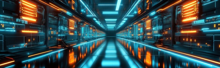 Futuristic data center expansion virtual reality lab digital environment high-tech design wide angle innovation