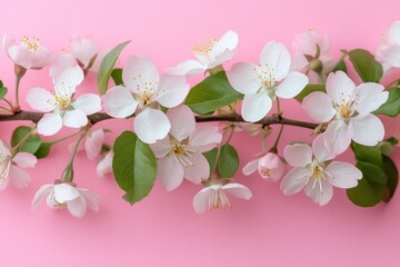 Obraz premium Delicate white apple blossoms arranged beautifully on a soft pink background highlighting spring's arrival and nature's renewal