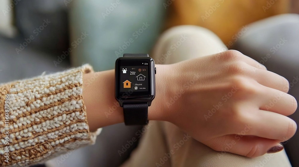 Poster smartwatch displaying security alert notification for home monitoring and automation system concept 