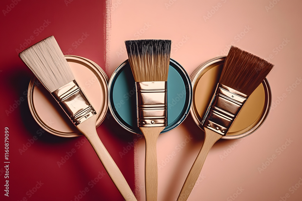 Poster a collection of four paintbrushes displayed on top of paint cans in an artistic pattern, showcasing 