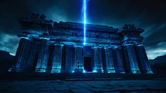 A massive ancient temple glowing pulsating blue energy darkened, blending mystical futuristic elements, Japanese anime-style 4k lofi hip-hop bites landscape music background animation video