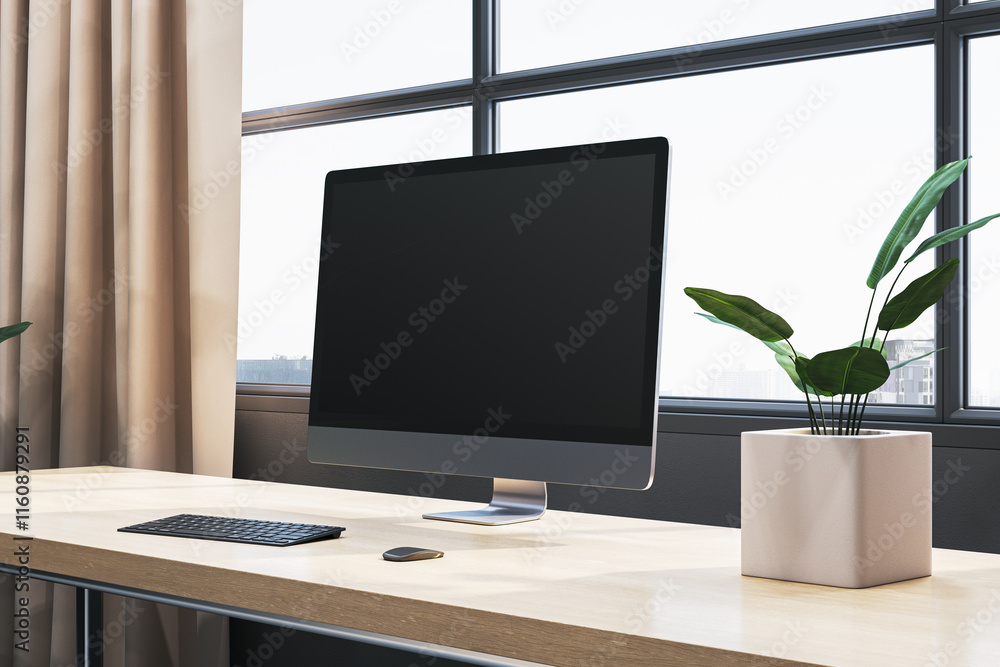 Poster minimalistic workspace with a desktop monitor, keyboard, mouse, and a potted plant on a wooden desk 