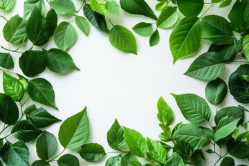Fresh green leaves arranged artfully on a plain background creating a natural frame