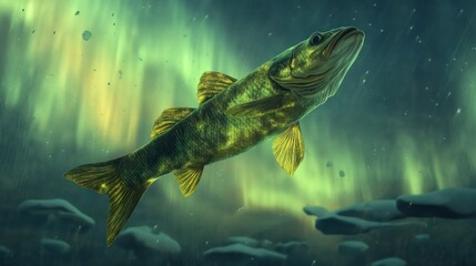 Underwater fish swimming against aurora borealis.