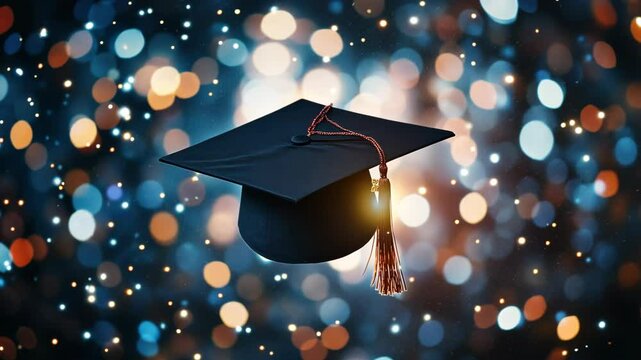 Blue bokeh lights adorn a black graduation cap, symbolizing academic success education and the completion of studies