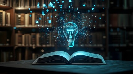 Book opens to reveal glowing light bulb in a quiet library setting at night