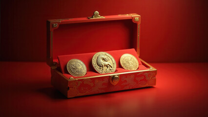 Chinese Gold Coins in Red Box; Lunar New Year - Lunar New Year
