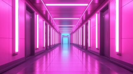 Neon Pink Corridor with Modern Elevators and Futuristic Vibe